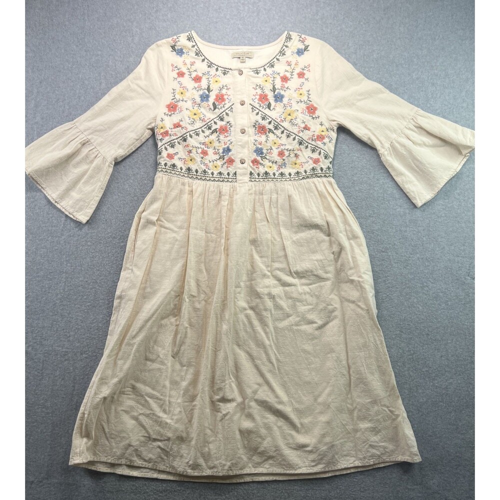 Polagram A-Line Midi Dress Small Ivory Embroidered Bell Sleeve Boho Cottagecore
